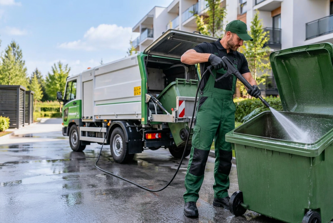 Pracownik myje pojemnik na odpady myjką ciśnieniową